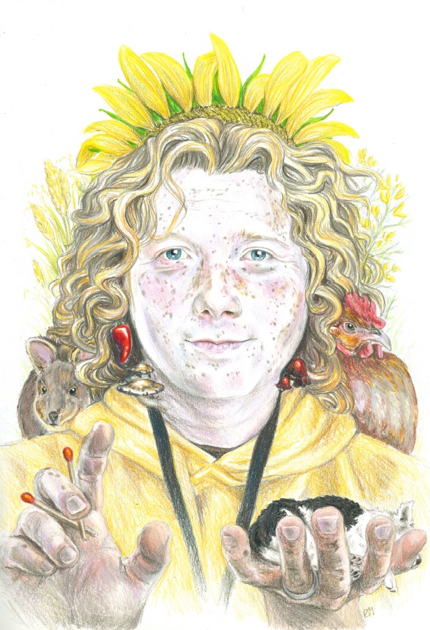 A hand drawn image of lux iridian backed by yellow flowers. They have long curly hair, pale skin, blue eyes and freckles. A pademelon and chicken sit at their shoulders. A chilli, mushroom and red bell-shaped flowers surround their neck. In their hands they hold matches and a tiny, resting, border collie.